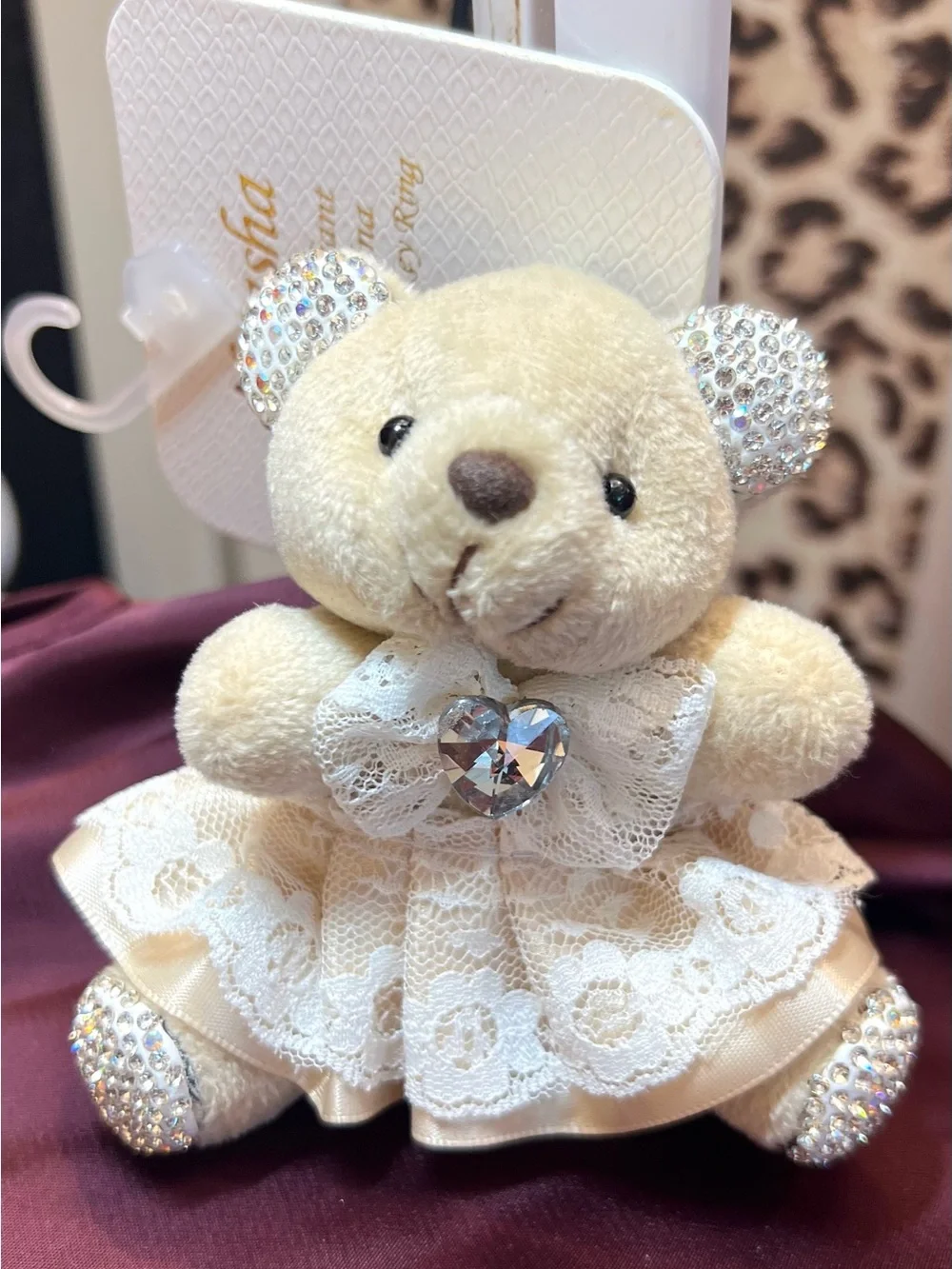🐻NATASHA plush beige bear WITH lace dress with rhinestone accents.🐻NWT